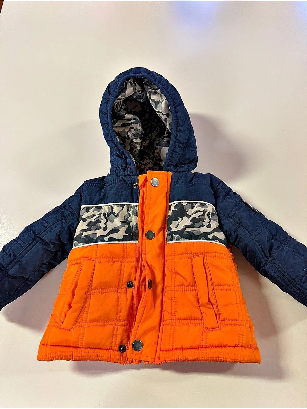 Weatherproof Boys Camo Puffer Jacket Orange & Blue 12M Like New